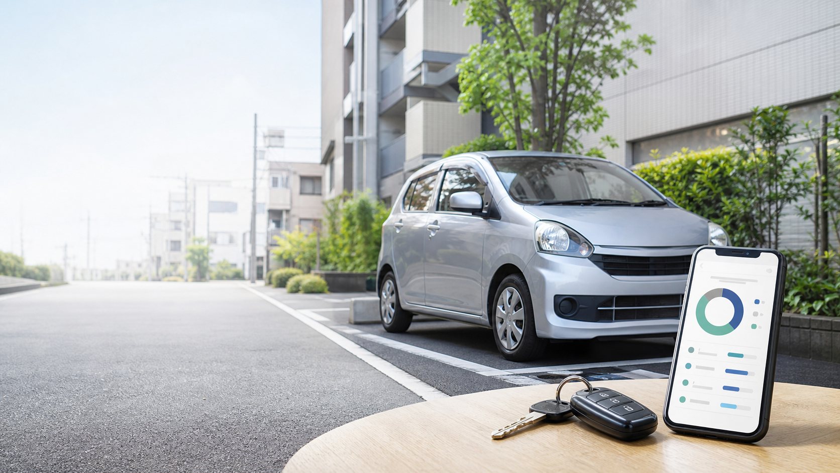 駐車中の車と費用比較を表示したスマートフォン